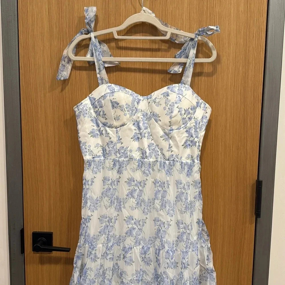 White and Blue Flower Dress with Pace up Details